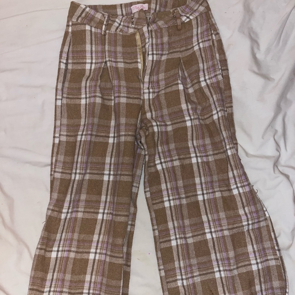 Tan plaid wide leg dressy pants from pink lily, size Small.